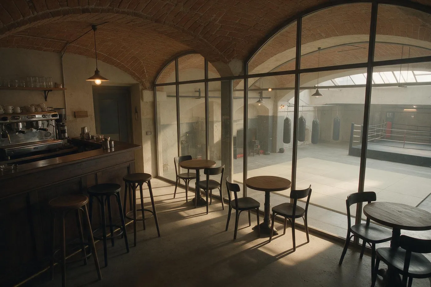 Il bar al piano superiore, con i tavoli davanti alla vetrata che dà sulla sala.