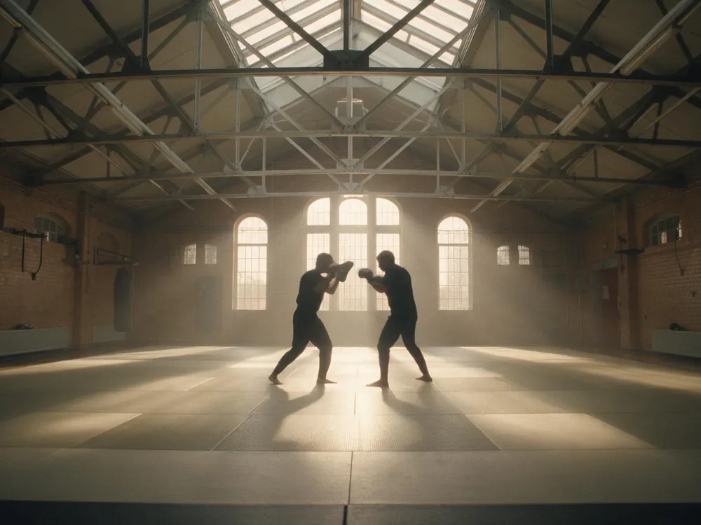 Due figure in controluce si allenano di boxe al centro della sala.