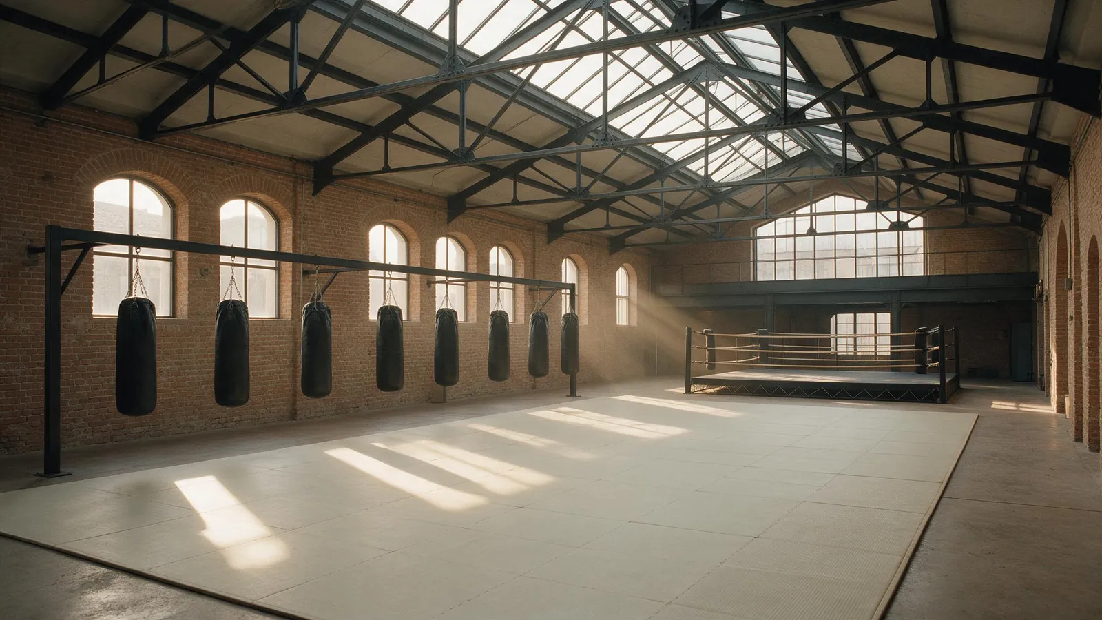 La sala principale del Cordusio Fight Club: un grande tatami bianco sotto un lucernario, il ring sulla destra e una fila di sacchi lungo il muro in mattoni.