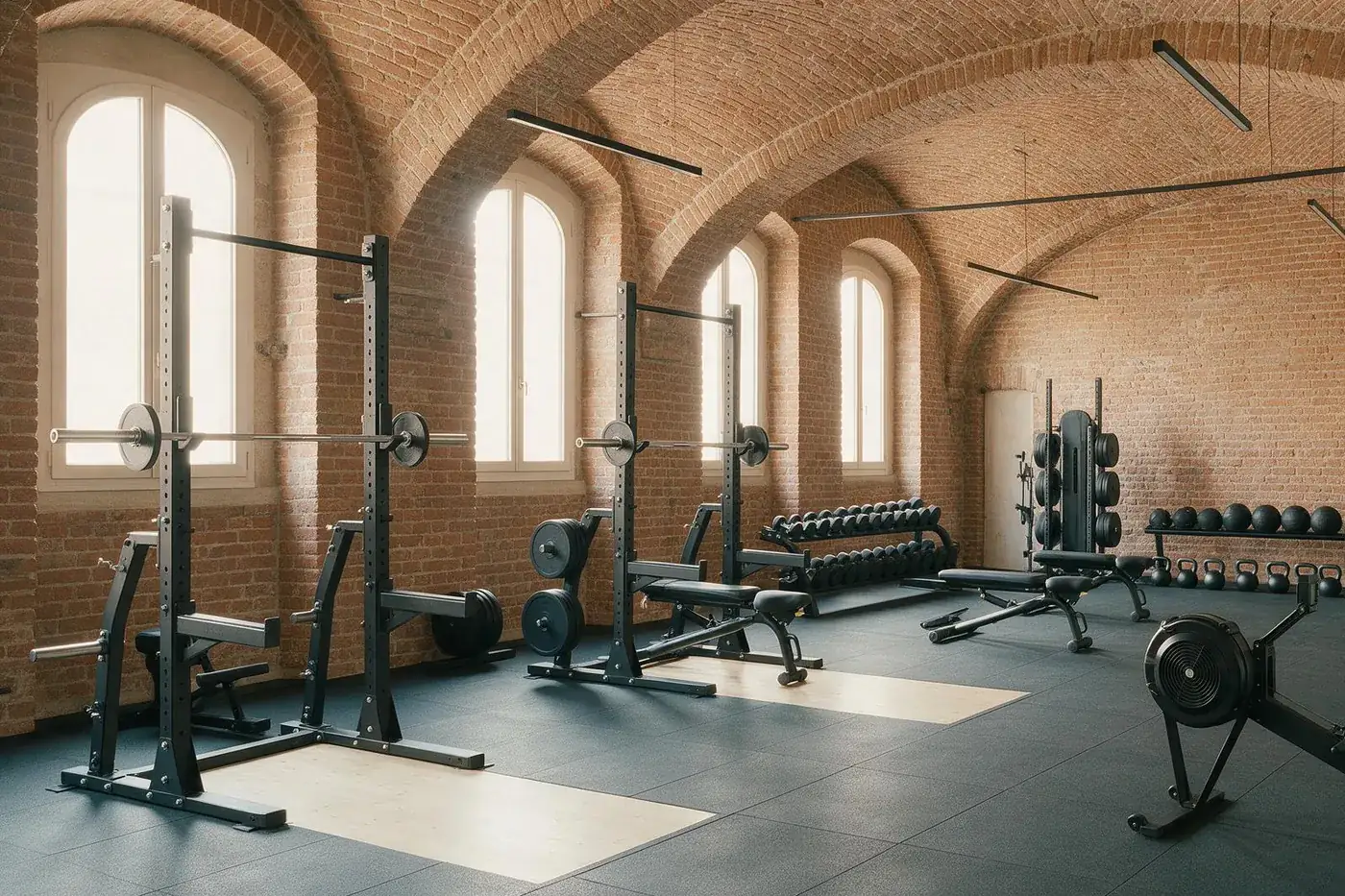 La sala pesi sotto le volte in mattoni, con rack, panche e manubri.