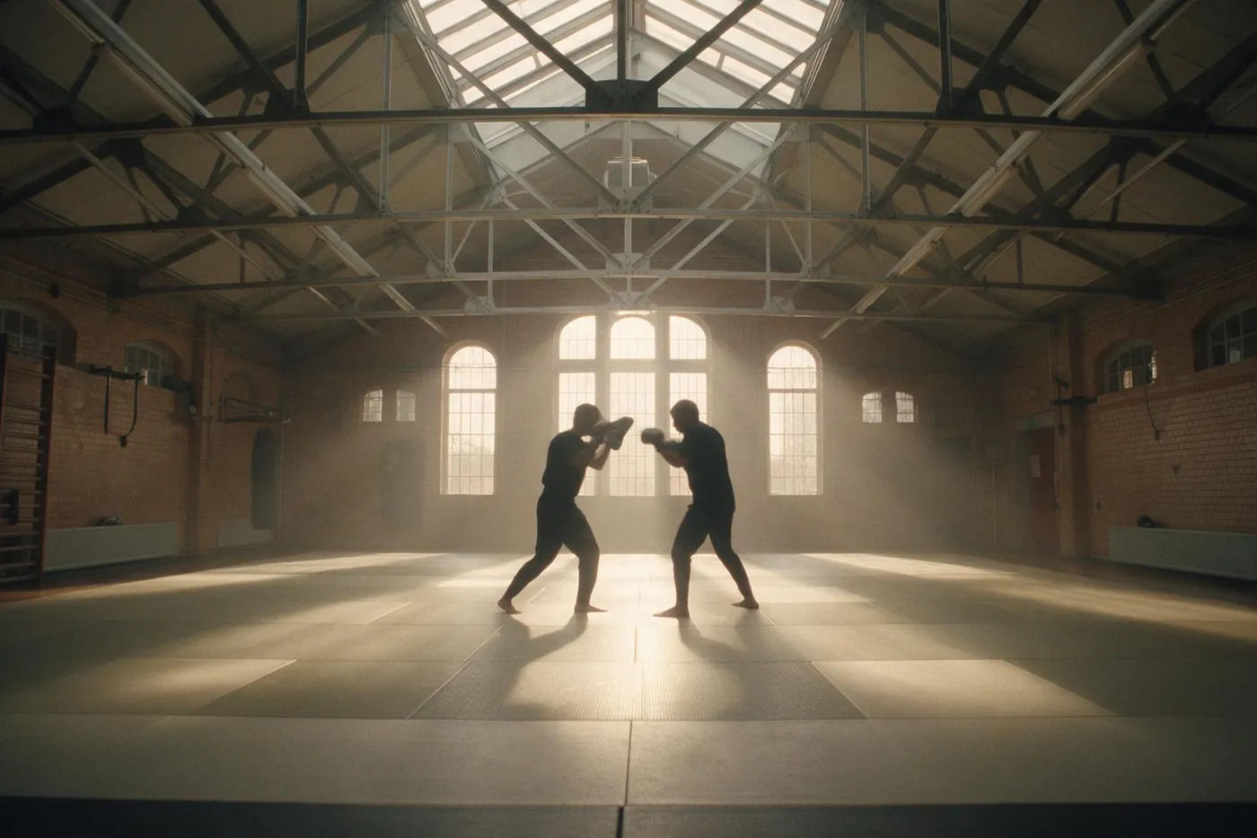 Due figure in controluce si allenano di boxe al centro della sala fighting.