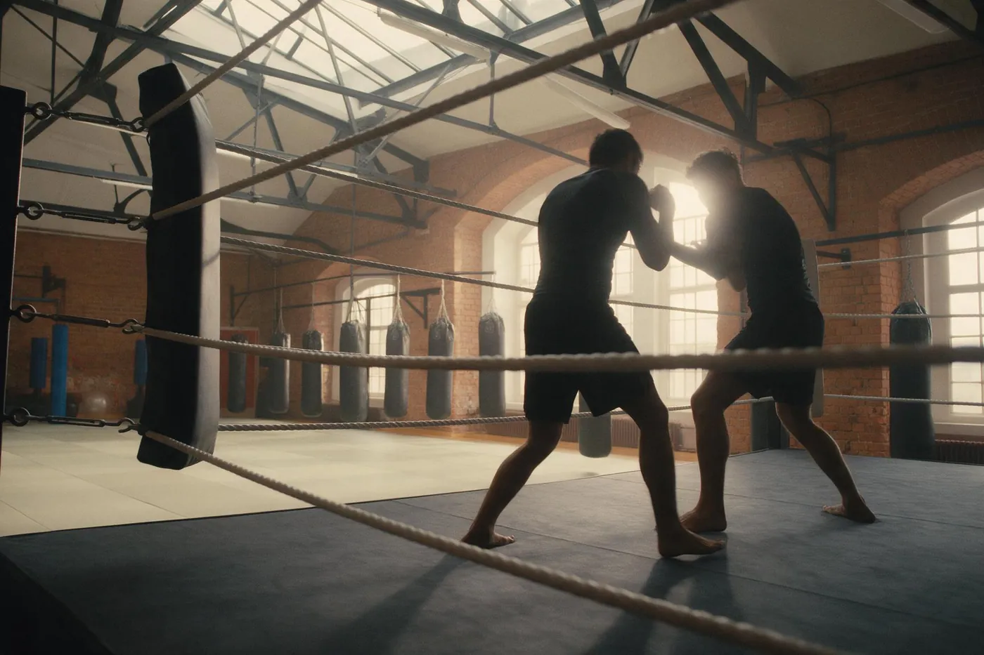Due figure si allenano sul ring, riprese da fuori attraverso le corde.
